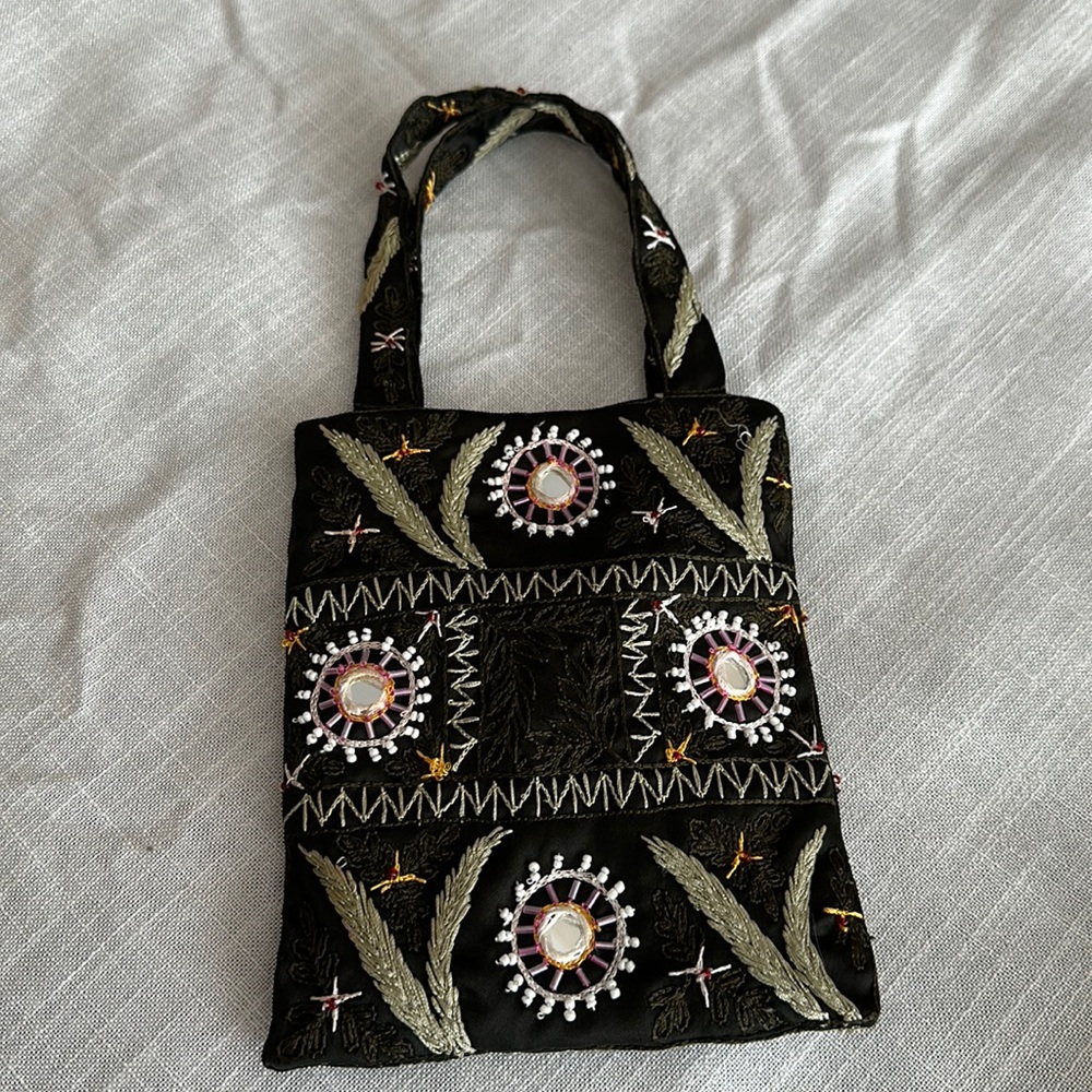 Purse embroidered in India 8” by 6” handles 5” brown sage green mirrors